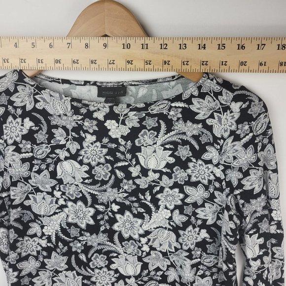 J Jill Wearever Collection Shirt XS Black White Tunic 3/4 Sleeve Boatneck Floral - Picture 6 of 11